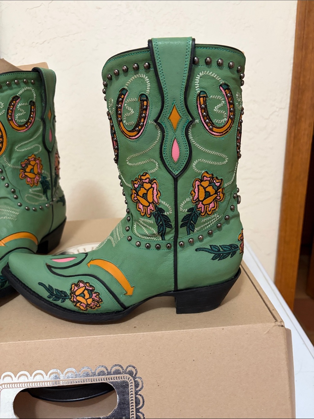 Double D Ranch Green Western Heeled Boots with Pink & Orange Embroidery - Picture 2 of 6